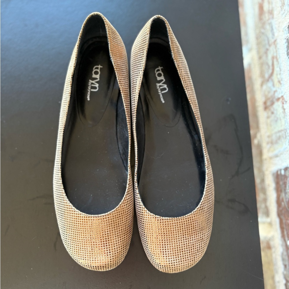 Taryn By Taryn Rose Gold Glitter Black Leather Ballet Flats Size 8.5